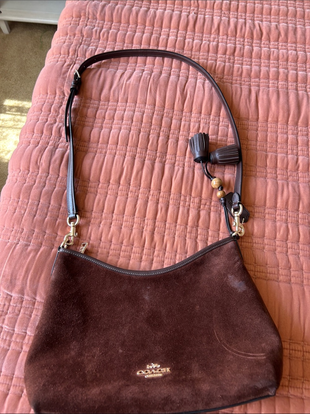 Coach Dark Brown Suede Shoulder Bag with Tassel